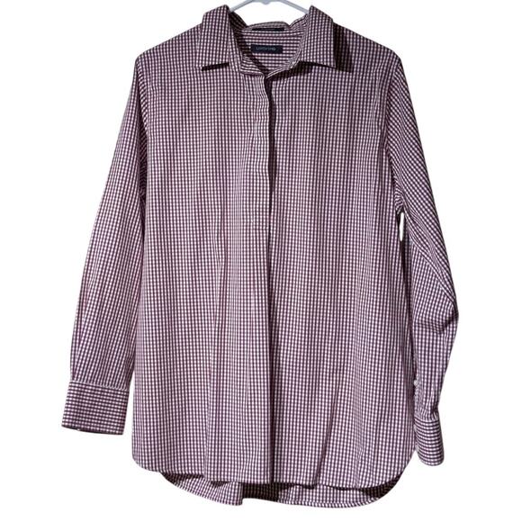 Lands' End Burgundy Check No Iron Supima Popover Long Sleeve Half Button Tunic - Picture 1 of 9